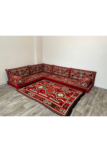 Şark Köşesi Anadolu Desenli Minder, 120x180 cm Kilim Takımı Konsept Kırmızı