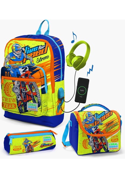 Coral High Kids Fosforlu Sarı Saks Motorsiklet Desenli Usb'li 3’lü Okul Çanta Seti Set 23842-MİX3