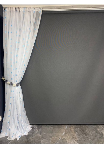 Tergal Turkuaz Kareli Beyaz Renk Tek Kanat Hazır Dikilmiş Pileli Fon Perde 300*260 cm fırsatları