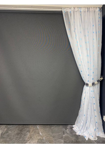 Tergal Turkuaz Kareli Beyaz Renk Tek Kanat Hazır Dikilmiş Pileli Fon Perde 300*260 cm indirimleri