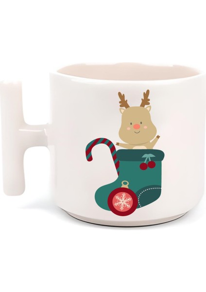 Noel Çorapları İçinde Sevimli Geyik Yılbaşı Merry Christmas T Kulp Motto Kahve