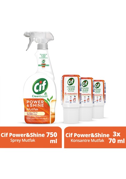 Power Shine Cleanboost Sprey Temizleyici Mutfak Için Temizleyici ve Yağ Çözücü 750 ml ve Cif Power & Shine Konsantre Mutfak