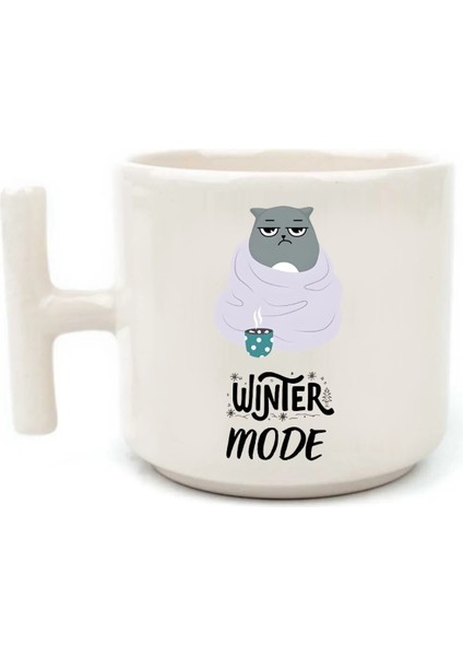 Kedili Winter Mode Beyaz Rengi Yazılı El Yapımı T Kulplu Fincan