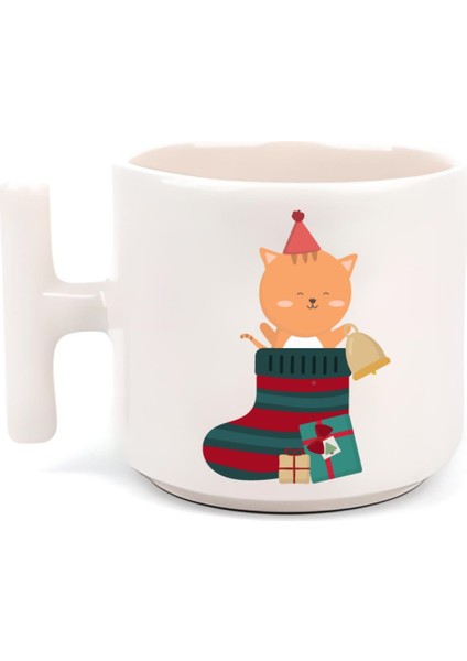 Noel Çorapları İçinde Sevimli Kedi Yılbaşı Merry Christmas T Kulp Motto Kahve Fincanı