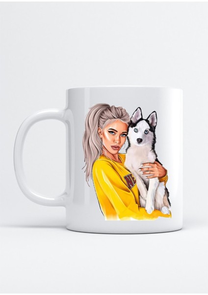 Kadın ve Sibirya Kurt Köpeği Baskılı Porselen Kupa Bardak