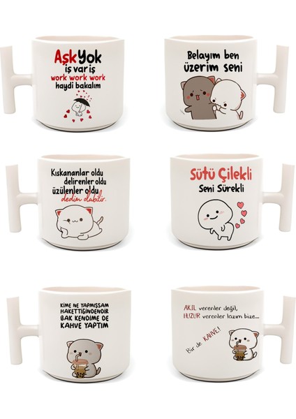 Duble Türk Kahvesi Fincanı & Espresso Komik Motto 6'lı T Kulp 200 ml 6 Parça