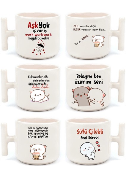 Duble Türk Kahvesi Fincanı & Espresso Komik Mochi Cat Motto 6'lı El Yapımı T Kulplu Fincan