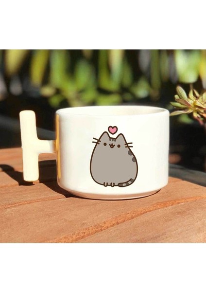 Kedi Pusheen Baskılı Beyaz El Yapımı T Kulp Kupa Bardak