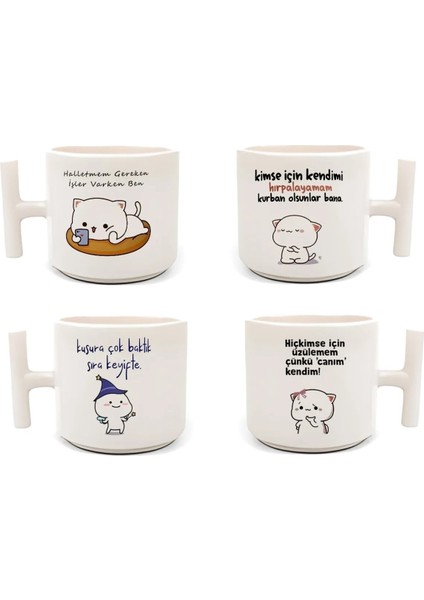 Mochi Cat Baskılı Motto 4'lü El Yapımı T Kulplu Fincan