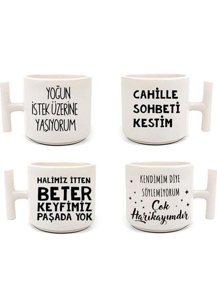 Beyaz T Kulp Anlamlı Mod Sözleri Tasarımlı Latte Fincan Modelleri ve Deri Bileklik