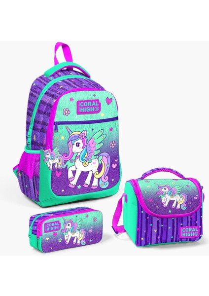 Coral High Kids Mor Su Yeşili Unicorn Desenli 3’lü Okul Çanta Seti Set 23487-MİX3