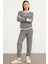 Çizgili Sıfır Yaka Pijama Takım - Siyah 3