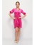 Kadife Kruvaze Yaka Kısa Balon Kol Mini Elbise Pembe 4
