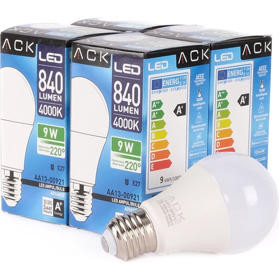 Ack 9W LED Ampul 4000K Günışığı  E27 4'lü Eko Paket