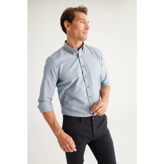 AC&Co / Altınyıldız Classics Erkek Gri Düğmeli Yaka Kolay Ütülenebilir Pamuklu Slim Fit Dar Kesim Oxford Gömlek