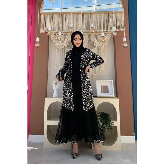 Bym Fashion Bym Tül Işleme Detay Pul Payetli Abaya 7376 Gümüş