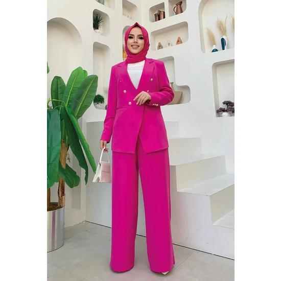 Bym Fashion Bym Düğme Detay Blazer Ceket Bol Pantolon Takım 8302 Fuşya