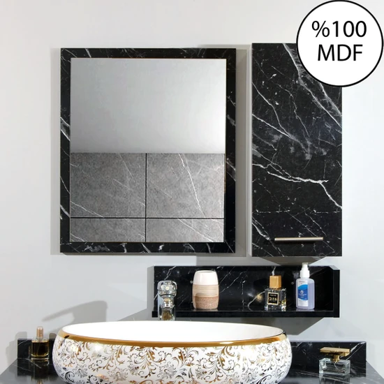 Nurcelant Banyo Dolabı Aynası Rafı Mdf 80 cm Üst Modül Siyah Beyaz Mermer Desen