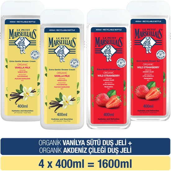 Le Petit Marseillais Vanilya Sütü ve Akdeniz Çileği Banyo ve Duş Jeli Nemlendirici Tazeleyici Vücut Şampuanı Avantajlı Paket 400 ml x 4 Adet