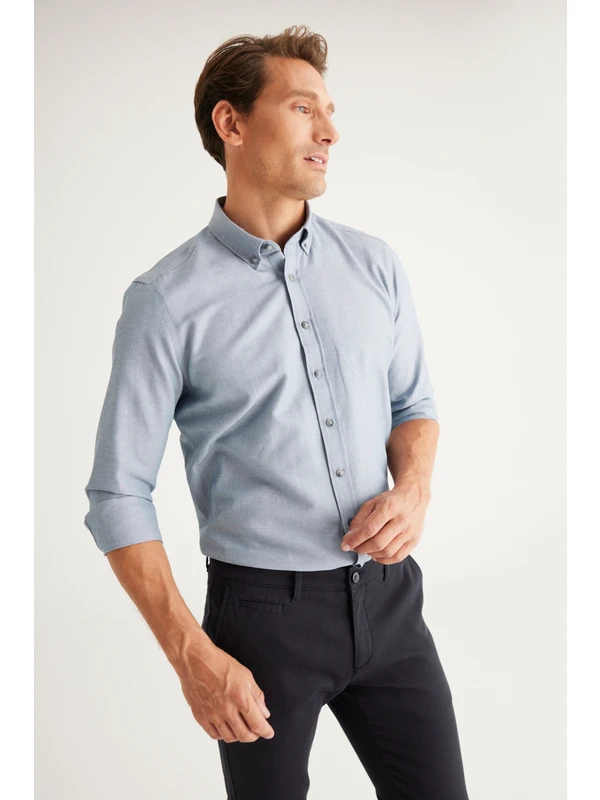 AC&Co / Altınyıldız Classics Erkek Gri Düğmeli Yaka Kolay Ütülenebilir Pamuklu Slim Fit Dar Kesim Oxford Gömlek