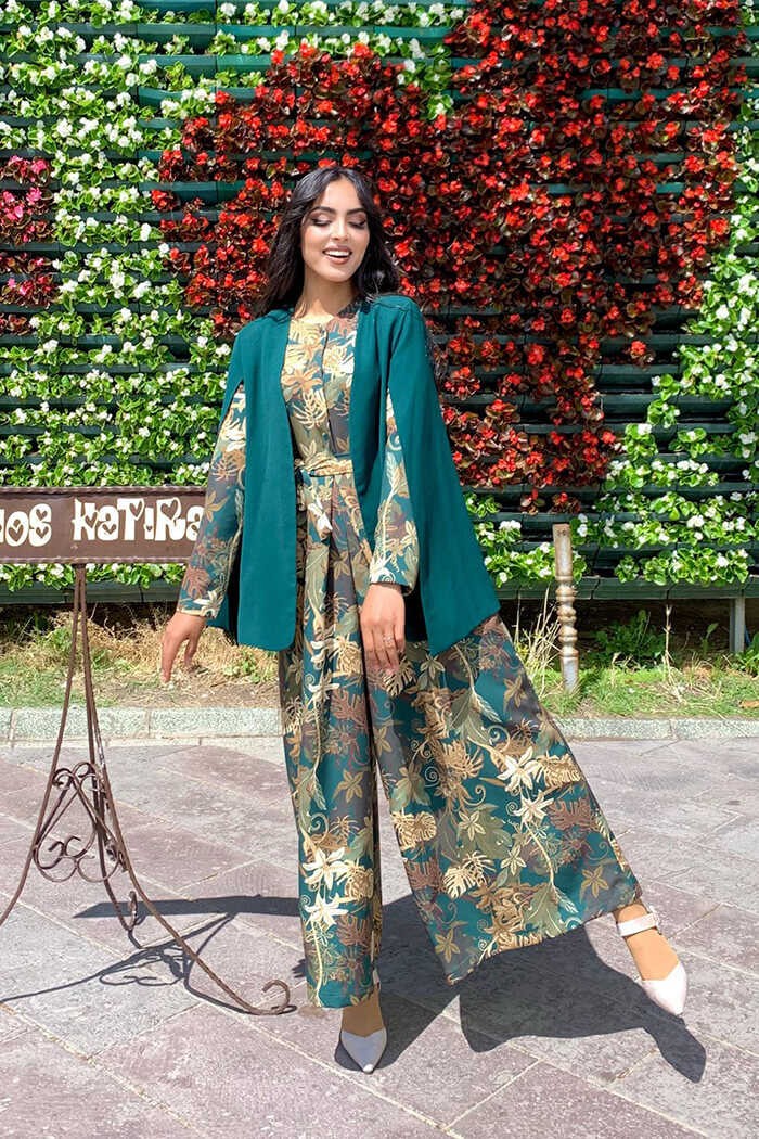 Bym Fashion Pelerin Kol Görünümlü Düz Astarlı Ceket 7666 Zümrüt görsel 3