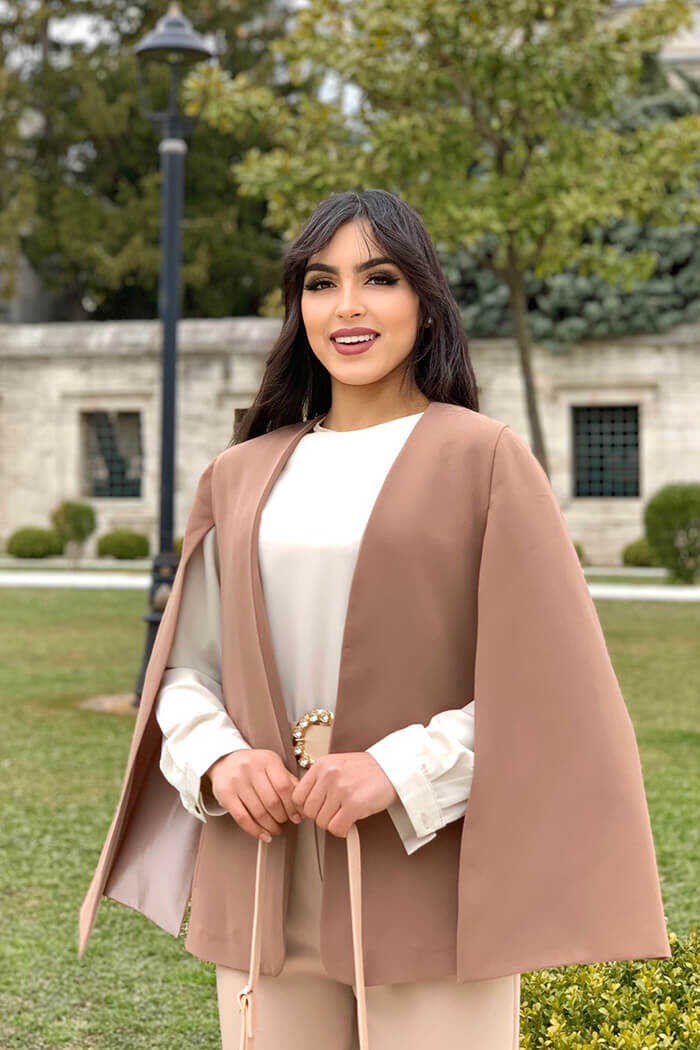 Bym Fashion Pelerin Kol Görünümlü Düz Astarlı Ceket 7666 Vizon görsel 3