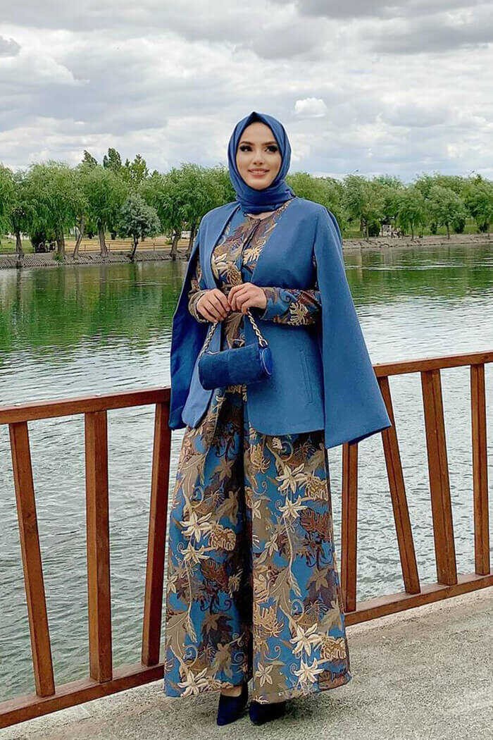Bym Fashion 7666 İndigo Renk Düz Astarlı Pelerin Kol Görünümlü Ceket Kadınlar İçin Şık Tasarım