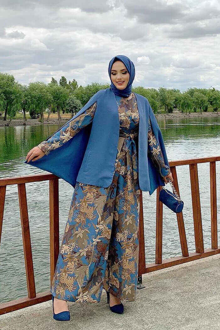 Bym Fashion 7666 İndigo Renk Düz Astarlı Pelerin Kol Görünümlü Ceket Kadınlar İçin Şık Tasarım görsel 2