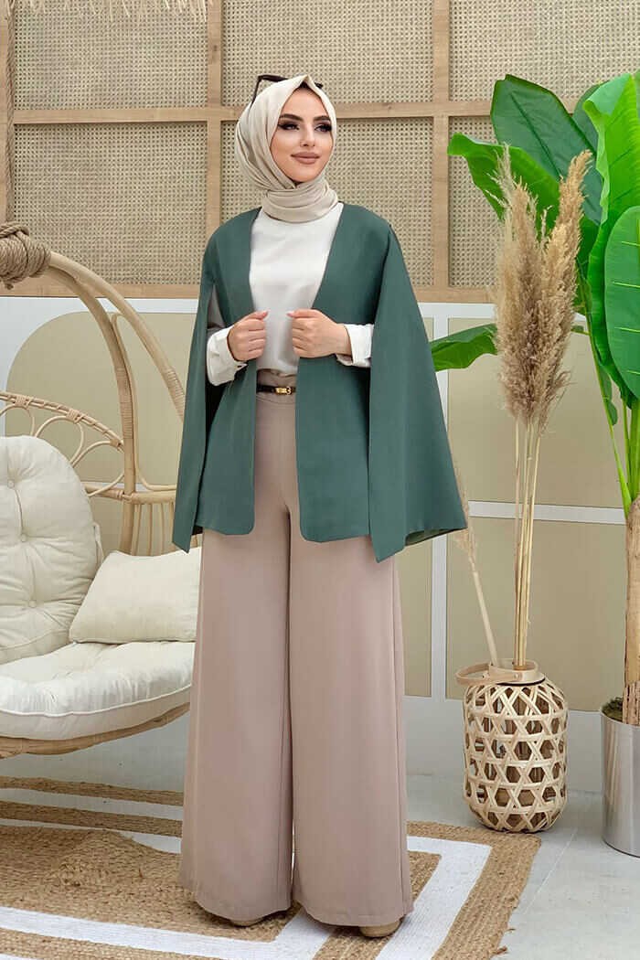 Bym Fashion Pelerin Kol Görünümlü Düz Astarlı Ceket 7666 Mint görsel 2