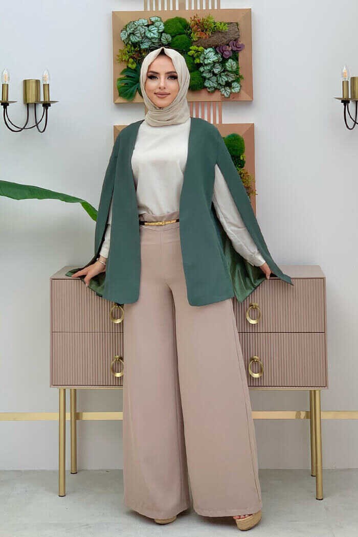 Bym Fashion Pelerin Kol Görünümlü Düz Astarlı Ceket 7666 Mint görsel 3