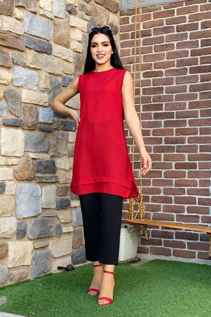 Bym Fashion Kat Görünüm Sıfır Kol İçlik Tunik 2340 Kırmızı