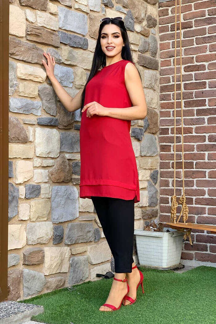Bym Fashion Kat Görünüm Sıfır Kol İçlik Tunik 2340 Kırmızı görsel 2