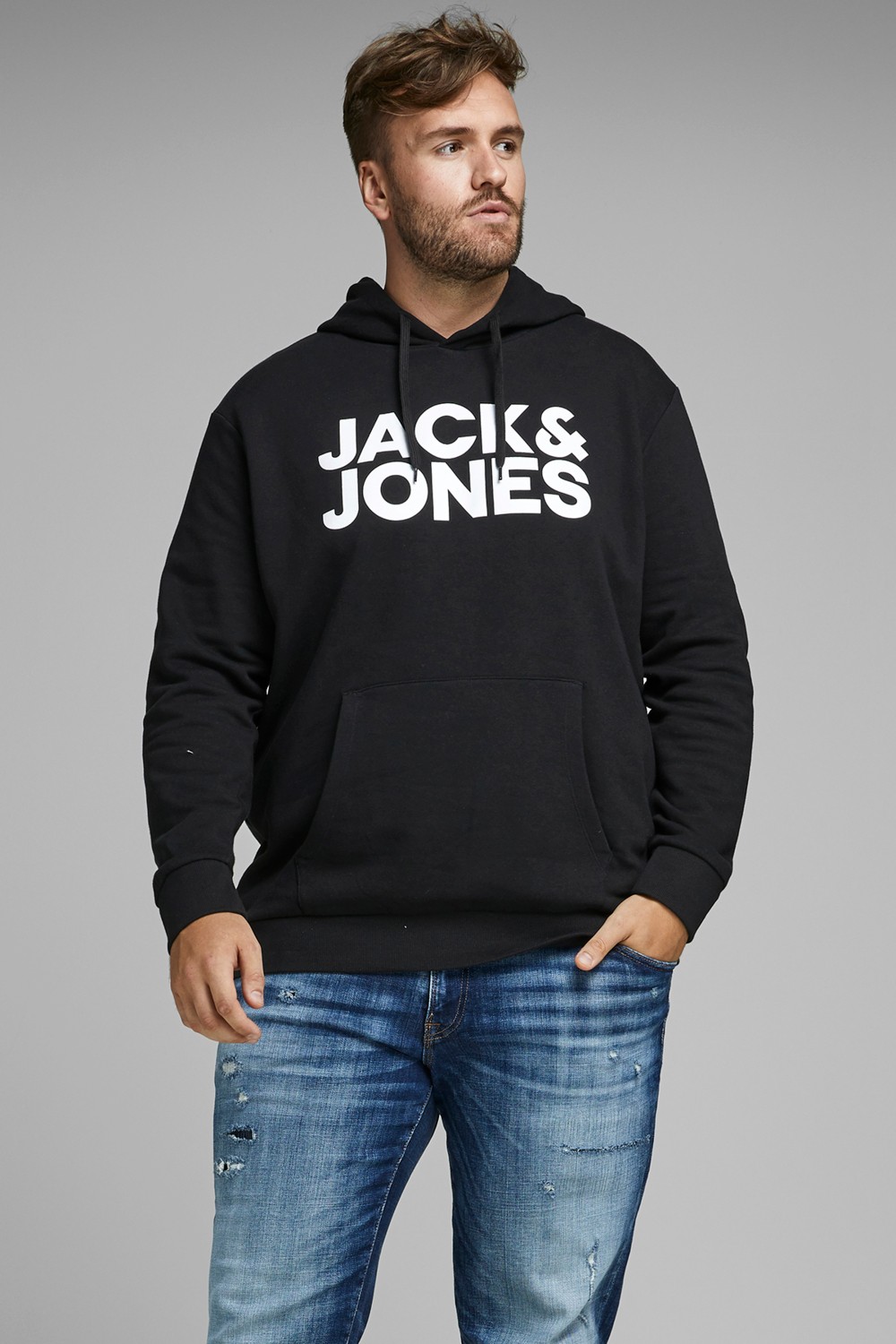 Jack & Jones Plus Jjecorp Pamuklu Kapüşonlu Kanguru Cepli Regular Fit Sweat Erkek Sweat 12163777