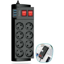 Su Isıya Dayanıklı Termal Akım Korumalı 2 Metre 16A 4000W 8li Priz ve 3 USB Li Uzatma Kablosu