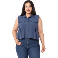 Disentis Modest Büyük Beden Önü Pileli Süs Cepli Kısa Indigo Gömlek