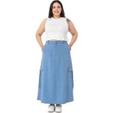 Disentis Modest Büyük Beden Etek Ucu Büzgü Detaylı Paraşüt Uzun Mavi Etek