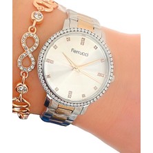 Ferrucci Çelik Taşlı Şık Kadın Kol Saati+Bileklik