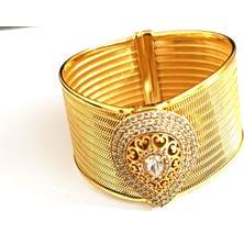 Hg.Aksesuar Kadın 22 Ayar Altın Kaplama Zirkon Taşlı Hasır Görünümlü Kelepçe
