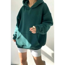 giyadda Unisex Koyu Yeşil Oversize İçi Puflu Kapüşonlu Bol Kalıp Sweatshirt Hoodie