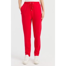 Desen Triko Kadın Beli Bağcıklı Cepli Eşofman Pantolon Kırmızı