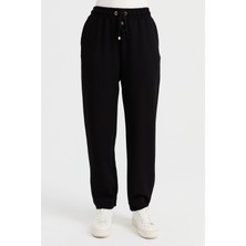 Desen Triko Kadın Cepli Eşofman Pantolon Siyah