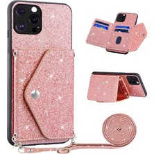 Forestl Digital Iphone 12 Pro Phone Case Için Parıltılı Telefon Kasası Kickstand Card Tutucu Deri Kaplı Tpu Kapak Omuz Kayış Pembe (Yurt Dışından)