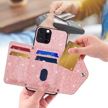 Forestl Digital Iphone 12 Pro Phone Case Için Parıltılı Telefon Kasası Kickstand Card Tutucu Deri Kaplı Tpu Kapak Omuz Kayış Pembe (Yurt Dışından)