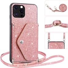 Forestl Digital Iphone 12 Pro Phone Case Için Parıltılı Telefon Kasası Kickstand Card Tutucu Deri Kaplı Tpu Kapak Omuz Kayış Pembe (Yurt Dışından)