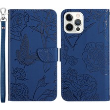 Forestl Digital Iphone 12/12 Pro Phone Case Cilt Touch Pu Deri Telefon Kılıfı Şık Kelebekler Baskılı Anti-Drop Folio Flip Kapak Cüzdan Stand-Blue (Yurt Dışından)