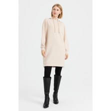 Desen Triko Kadın Kapüşonlu Sweat Elbise Bej