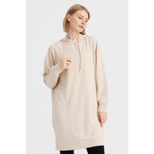 Desen Triko Kadın Kapüşonlu Sweat Elbise Bej