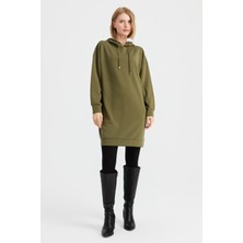 Desen Triko Kadın Kapüşonlu Sweat Elbise Haki