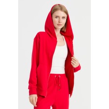 Desen Triko Kadın Kapüşonlu Fileli Yan Cepli Sweat Kırmızı