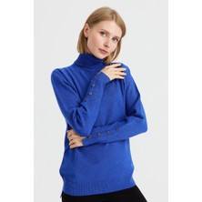 Desen Triko Kadın Tam Balıkçı Yaka Kol Ucu Yırtmaçlı Kazak S.mavi